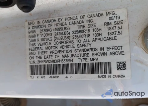 2019 Honda Cr-V Exl from USA, damaged, VIN 2HKRW2H83KH637594